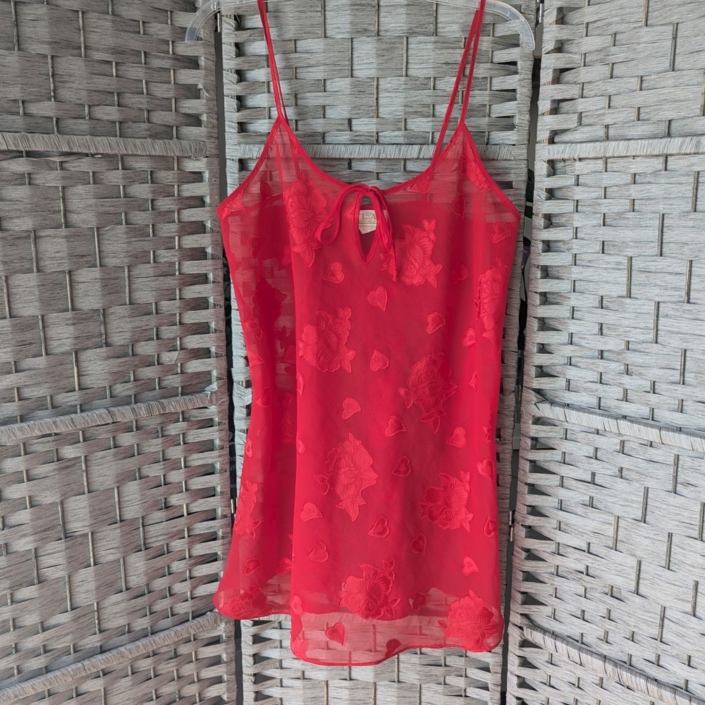 Vtg 90s‎ Chemise Red Floral Heart Burnout Sheer Lingerie Slip Sz L Coquette Y2K